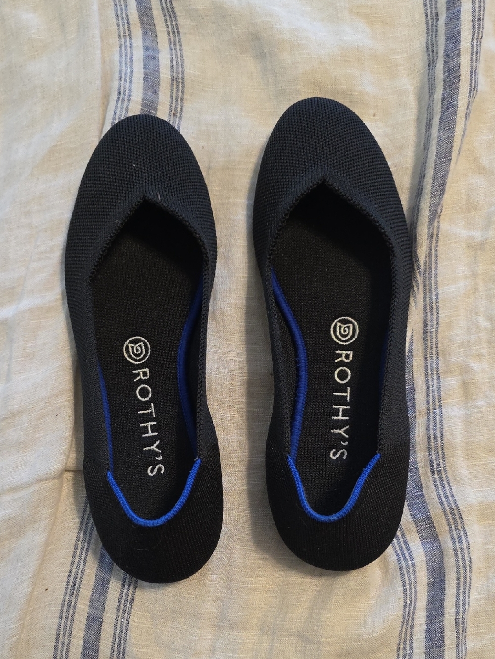 Rothy's Black Pointed-Toe Flats with Blue Accent